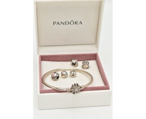 PANDORA' CHARMS AND BOX WITH BANGLE, to include six white metal charms, all stamped '925S ALE', with a white metal polished b