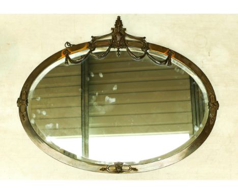 Large oval bronzed copper neo classical Ribbon &amp; Garland decorated wall mirror, length 82cm 