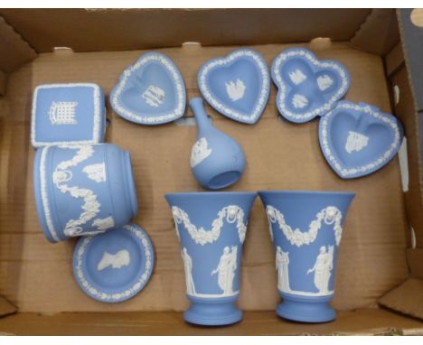 A Collection of Blue Wedgewood Jasperware Items To Include Small Plater, Pair of Trumpet Vases, Pin dishes and Lidded Box (1 