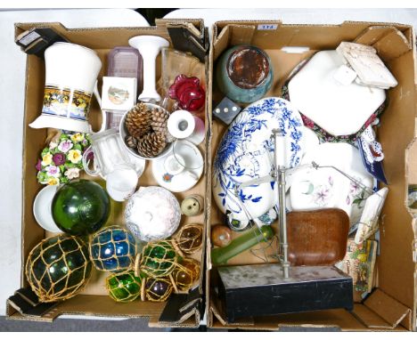 A mixed collection of ceramics and glass to include several glass fishing floats, ceramic floral piece, torquay ware tobacco 