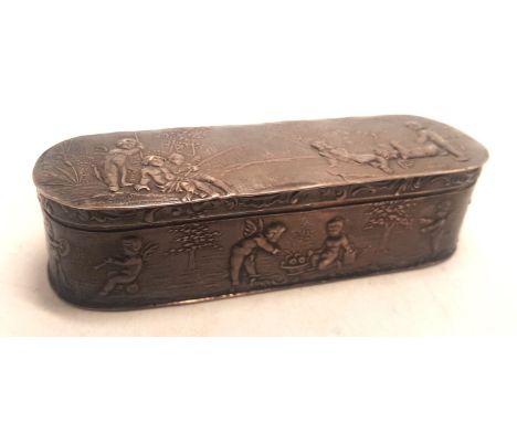 White Metal and parcel gilt lidded trinket dish with embossed decoration of cherubs at play, fishing scene.