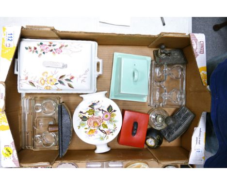A mixed collection items to include one pewter and one leather ink blotter, inkwells, carltonware cheese dish etc. 