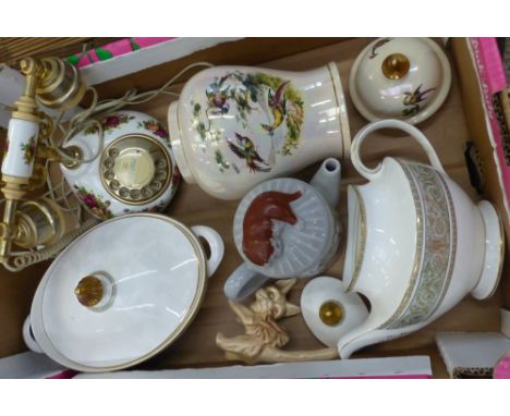 A mixed collection of ceramic items to include Royal Albert landline telephone, Sadler temple jar, Royal Doulton 'English Ren