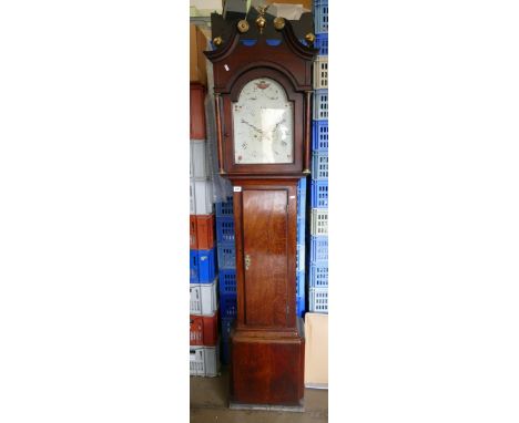 19th Century Grandfather Clock with Etruscan Arabesque decorated enamel face and Brass Eagle Finials, makers name painted to 