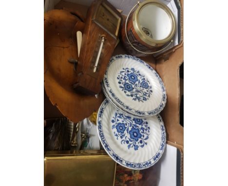 A collection of items to include a wooden jewellery box, ceramic lined wooden biscuit barrell, 1930's wooden barometer, music