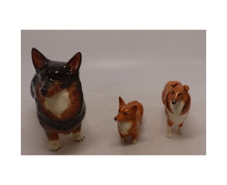Beswick large Welsh Corgi together with small corgi and small rough haired collie (3). 