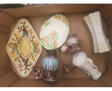 A mixed collection of ceramic items to include Belleek vases, German jugs and small baskets, HJ Woods Indian Tree shaped sauc