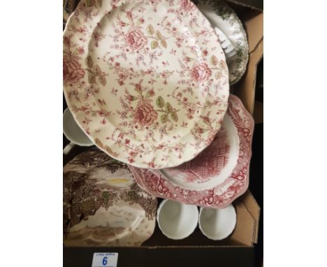 A mixed collection of ceramic items to include Johnson Bros plates, meat platter, cake plates etc (1 tray). 