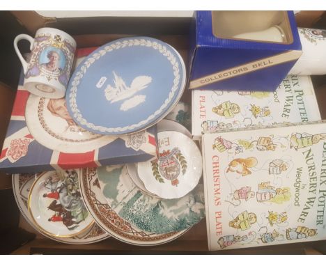 A mixed collection of ceramic items to include boxed Wedgwood Beatrix Potter nursery ware plates, jasperware wall plate, Roya