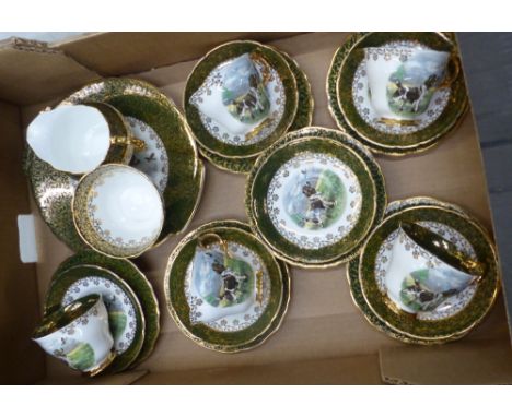 Regency Bone China Hunting Themed Teaware Items To Include Cake Plate. Milk, Sugar, 6 Side Plates, 6 Saucers, 5 Tea Cups (1 T