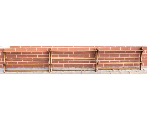 Ercol mid century light wood plate racks, length 96cm &amp; height 50cm (3) 