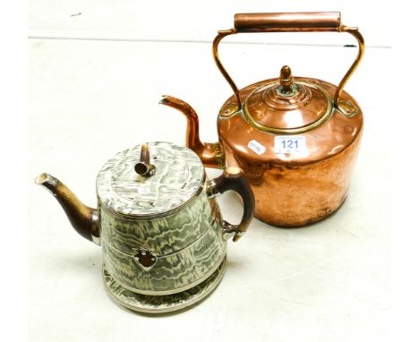 One large copper kettle together with a ceramic C. &amp; W. hunting theme teapot and stand 