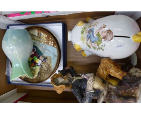 A mixed collection of ceramic items to include Compton Woodhouse boxed plate, two Doulton embossed character wall plates, Cap