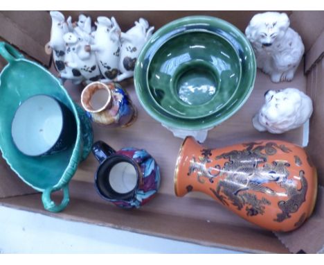 A collection of ceramic items to include Wedgwood flower holder, Mason's vase, 2 Staffordshire dogs, large novelty pig figure