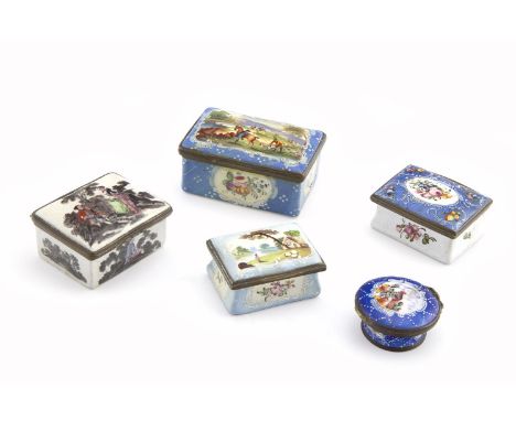 A GROUP OF LATE 18TH/ EARLY 19TH CENTURY ENAMEL BOXES   A rectangular pale blue ground snuff box, the lid painted with a past