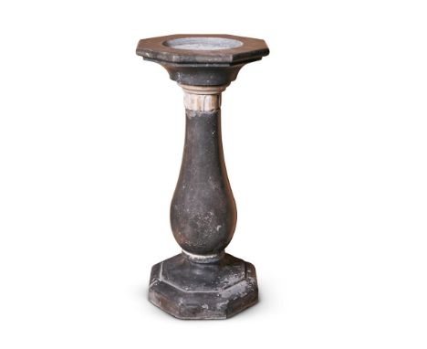 A GREY FOSSIL MARBLE AND WHITE MARBLE HEXAGONAL FONT, PROBABLY MID-18TH CENTURY with a baluster stem Approximately 90cm high,