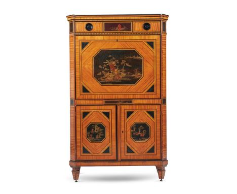 A DUTCH SATINWOOD, EBONISED AND BLACK AND GILT-LACQUER SECRETAIRE CABINET LATE 18TH/EARLY 19TH CENTURY Inset with panels depi