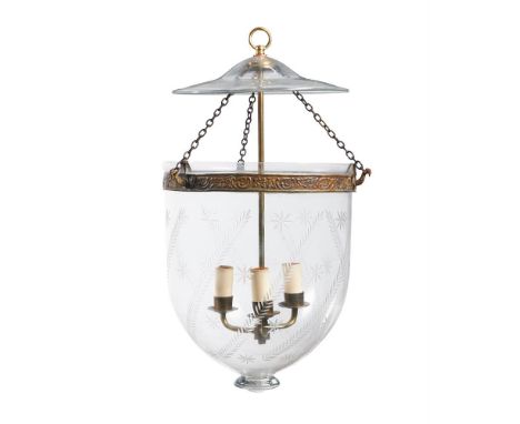 A GLASS HUNDI LANTERN  20TH CENTURY  Of conventional form, float top above electric three light pendant within tapering palm 