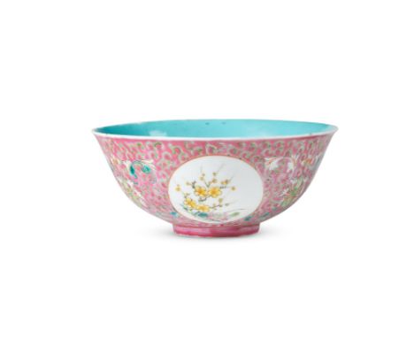 A CHINESE FAMILLE ROSE 'MEDALLION' BOWL GUANGXU (1875-1908) the exterior with three panels of flowers on a pink scroll ground