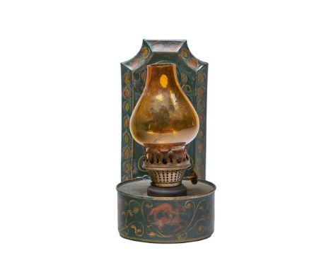 A TOLE PEINTE OIL WALL LAMP  PROBABLY ITALIAN, LATE 19TH/EARLY 20TH CENTURY  Polychrome painted backplate and reservoir, oran