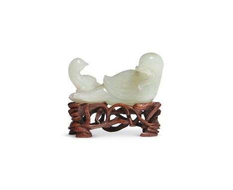 A CHINESE WHITE JADE CARVING OF TWO BIRDS 18TH CENTURY With fitted wood stand 6.3cm long  Condition Report:  The twig in the 