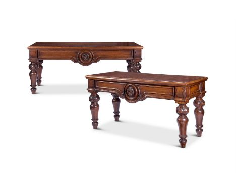 THE ADLINGTON HALL OAK SIDE TABLES A PAIR OF VICTORIAN OAK SIDE TABLES CIRCA 1860 Each with a rectangular moulded top above a