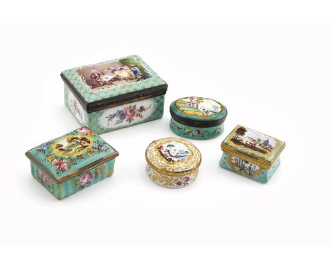 A GROUP OF LATE 18TH/19TH CENTURY ENAMEL BOXES   A rectangular green ground snuff box, decorated with an interior scene; a re