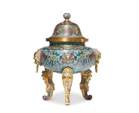A CHINESE CLOISONNE ENAMEL CENSER AND COVER QING DYNASTY, QIANLONG PERIOD (1736-1795) The slightly compressed globular body s