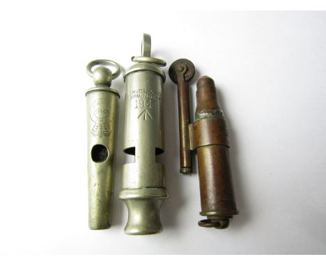 A Victorian Ordnance-marked Beaufort whistle stamped The Kohler Whistle, together with a 1941 Hudson whistle and a trench art