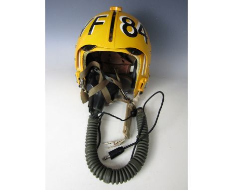 A US Navy Phantom pilot's HGU-2 helmet bearing VF-84 'Jolly Roger' Fighter Squadron insignia, fitted with a MBU-5P oxygen mas