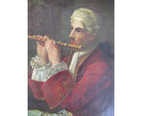 A portrait of a Georgian gentleman playing a flute, dressed in red frock coat and powdered wig, oil on canvas, in moulded gil