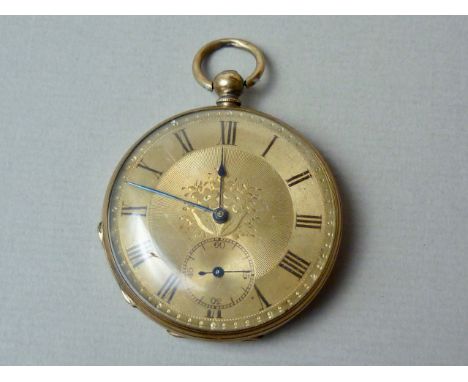 A Victorian yellow metal open-faced pocket watch, having compensation lever movement with engraved and engine-turned gilt fac