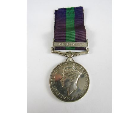 A George V General Service Medal with Palestine clasp to 3185216 Pte R Hawkins, Border Regiment