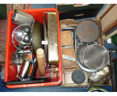 Two boxes of kitchenware including saucepans, cake tins, scales, rolling pin etc.