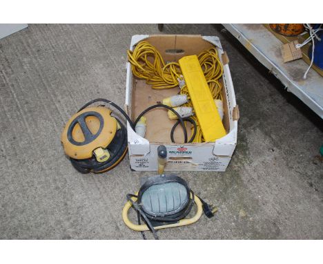 240 volt Halogen work lamp, 110 volt four bank extension lead, etc.