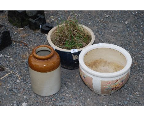 A blue glazed planter, plus another and a glazed jar.