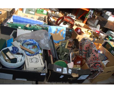 Three boxes of chocolate mousse pots, small guillotine, china, glass, lamp, etc. 