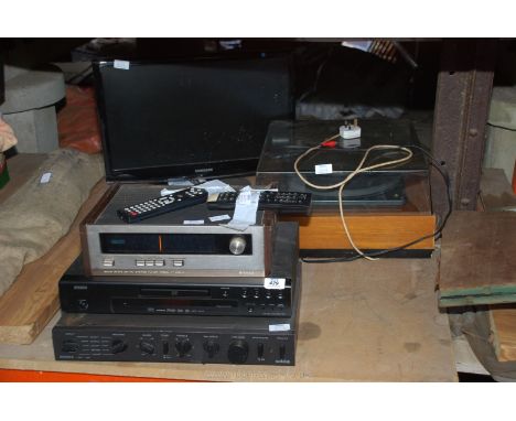 Garrard record player, Samsung TV (no lead), Denon DVD player and audio tuner.