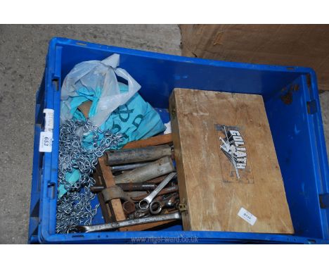 Various tools including spanners, boxed set square and chains etc.