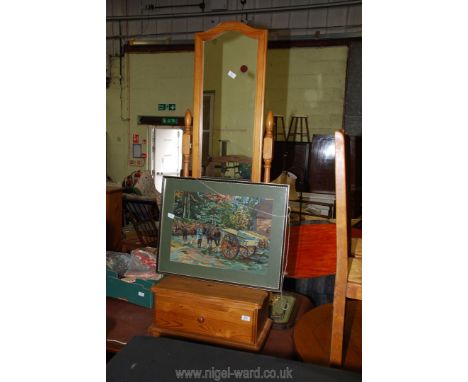 A cheval mirror with a drawer to the base and a tapestry picture.