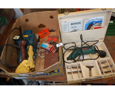 Boxed Bosch carving tool, belt sander and small hand planer.