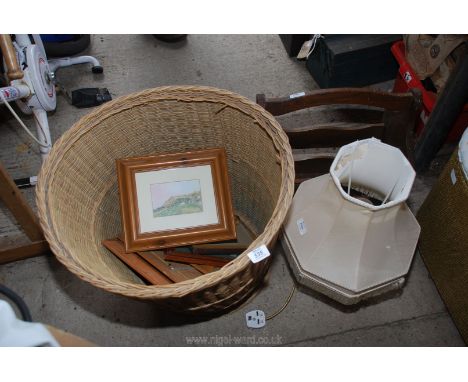 Wicker laundry basket, lamp, pictures, etc.