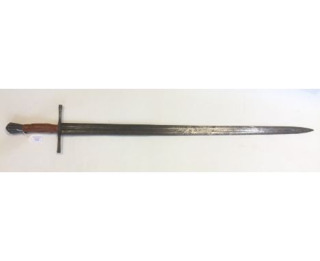 Broadsword with fullered double edged blade 88cm long. Straight crossguard. Replaced leather binding to grip. Light rust pitt