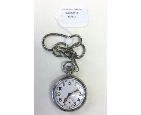 WW2 British GSTP pocket watch. White enamel dial marked "Swiss Made" with Arabic numerals. Marked to reverse with WD Broad Ar
