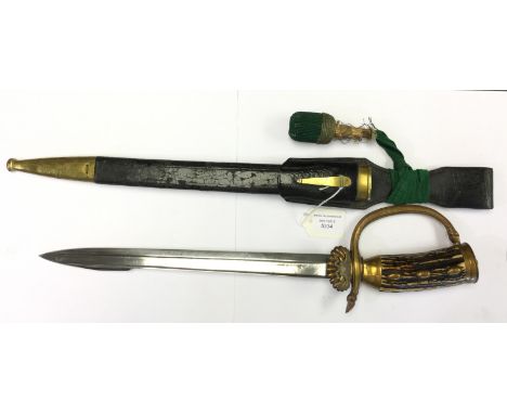 Hunting Cutlass with fullered 33cm single edged blade with worn etched decoration of hunting scenes to both sides. No makers 
