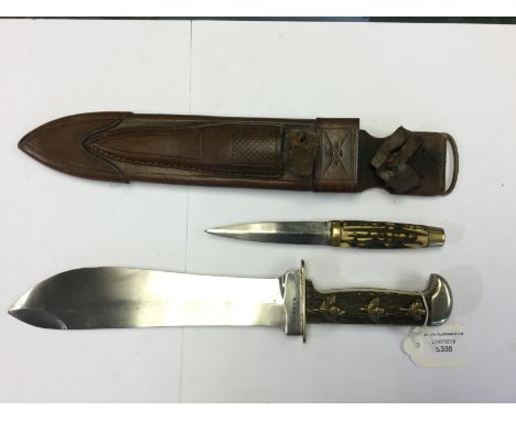 WW2 Third Reich era Bowie knife by F Dula. Heavy 22cm long blade. DRGM marked. Stag horn grip with three acorn &amp; oakleaf 