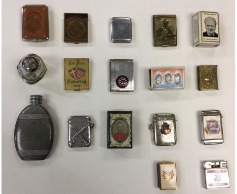 A collection of Vesta cases etc dating from the Boer War, WW1 and WW2: Hallmarked silver example engraved with Prince Alberts