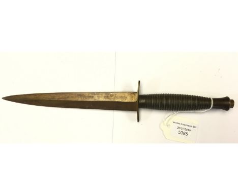 British Third Pattern Fairbairn-Sykes fighting knife. Wartime Mold number to grip "3". Thin crossguard. Nicotine stained over
