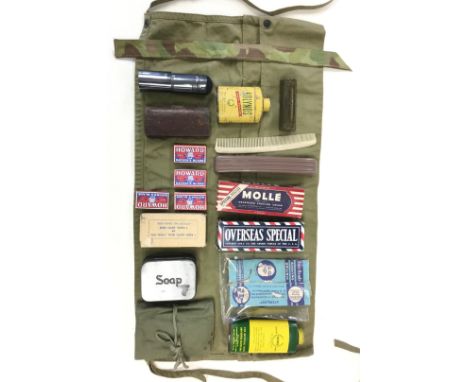 WW2 US Army Personal kit collection: wash kit roll, two shaving brushes, Molle shaving cream, Barbasol shaving cream, one box