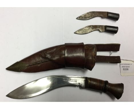 WW2 private purchase small sized Kukri knife with 15cm maker marked blade by "KB Hakuri &amp; Sons, Ghoon, Darjeeling". Brass